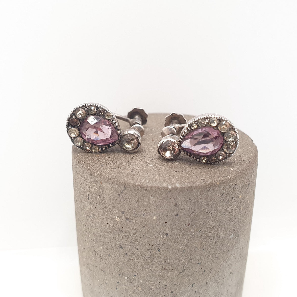 Antique Solid Silver Amethyst & Diamond Paste Earrings Victorian Pear Cut 1800s Vintage Jewelry Jewellery