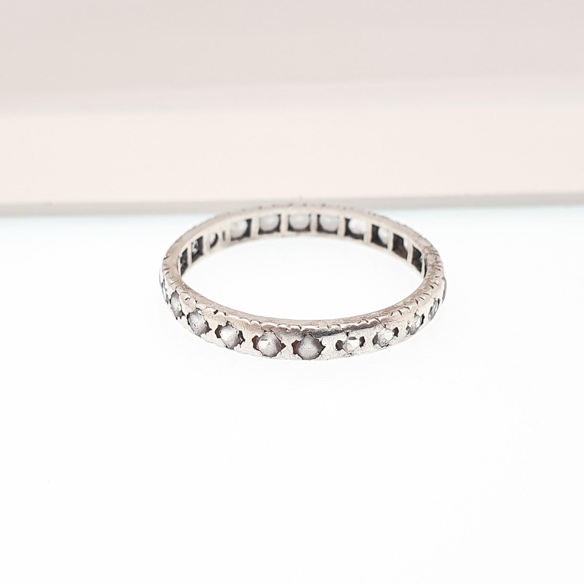 Antique Solid Silver Eternity Ring White Spinel Gemstone Art Deco 1920s Band Stacker Stacking Vintage Womens Jewelry Jewellery UK Q US 8.25