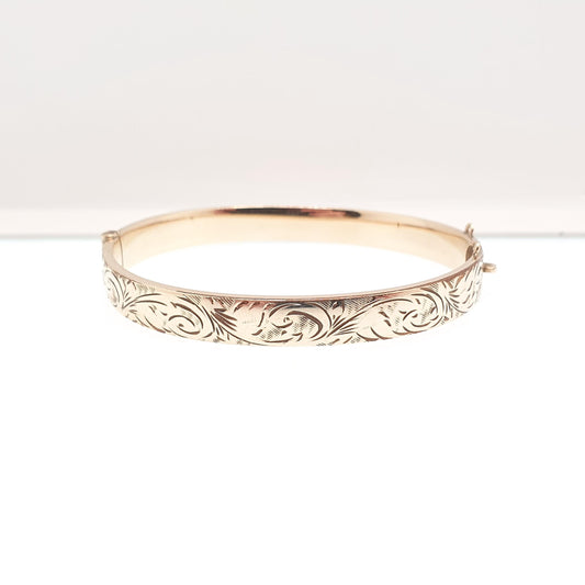 Old Vintage 9ct 9k Gold Metal Core Bangle Bracelet Snap Engraved 1960s 11.03g Heavy Thick Rolled Gold Filled Womens Jewelry Jewellery