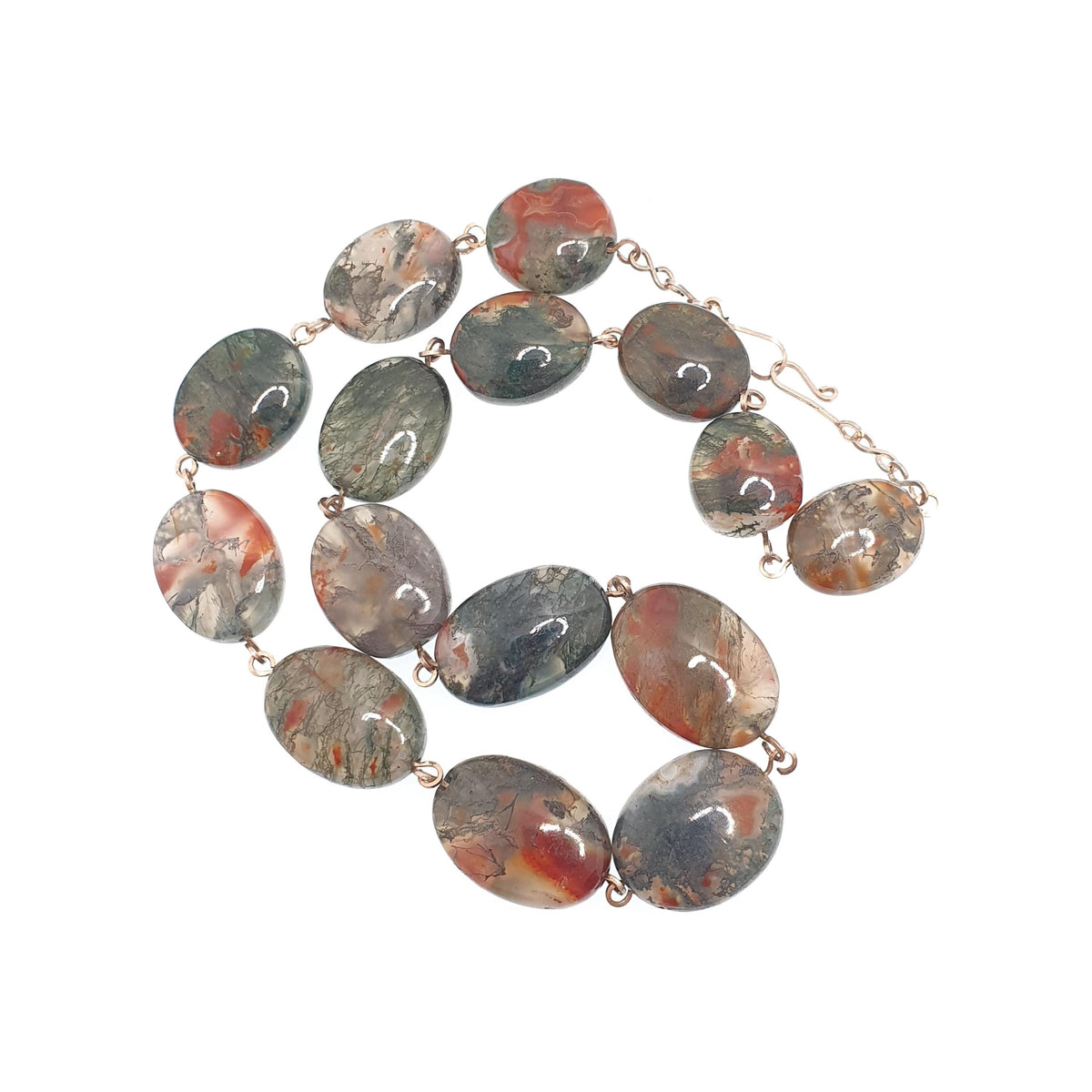 Antique Moss Agate Bead Necklace Rolled Gold Filled Natural Veined Quartz Gemstone Chunky 41cm 16.1" 57.64g Vintage Womens Jewellery Jewelry
