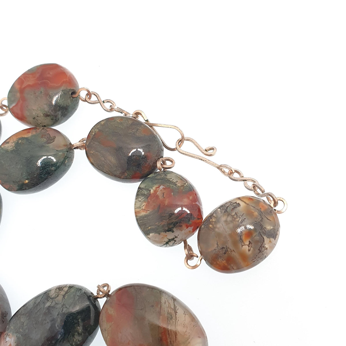 Antique Moss Agate Bead Necklace Rolled Gold Filled Natural Veined Quartz Gemstone Chunky 41cm 16.1" 57.64g Vintage Womens Jewellery Jewelry