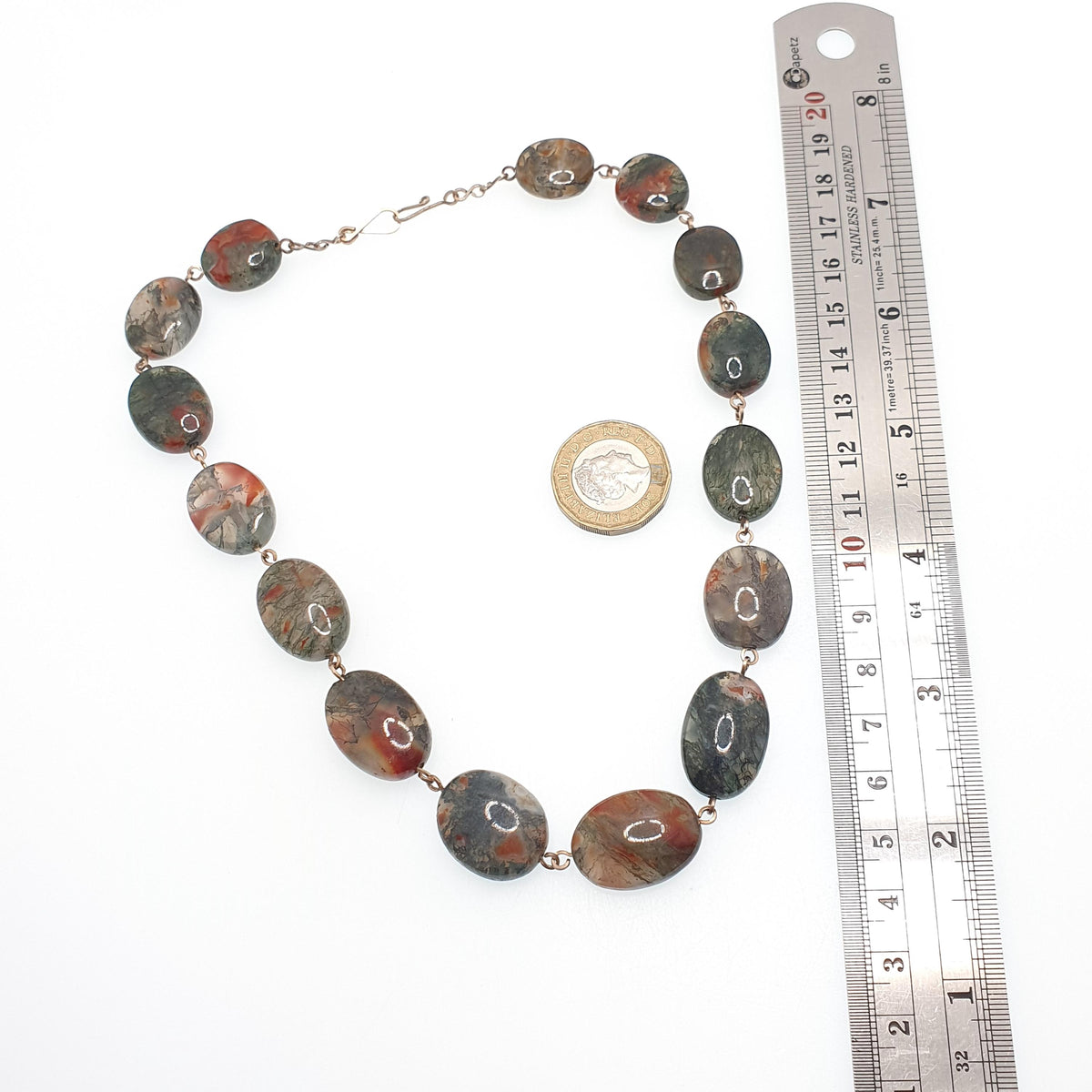 Antique Moss Agate Bead Necklace Rolled Gold Filled Natural Veined Quartz Gemstone Chunky 41cm 16.1" 57.64g Vintage Womens Jewellery Jewelry