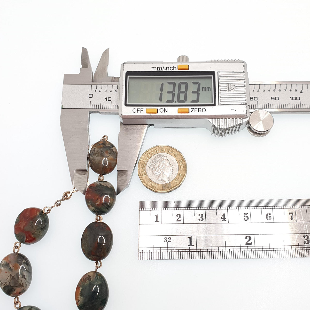 Antique Moss Agate Bead Necklace Rolled Gold Filled Natural Veined Quartz Gemstone Chunky 41cm 16.1" 57.64g Vintage Womens Jewellery Jewelry