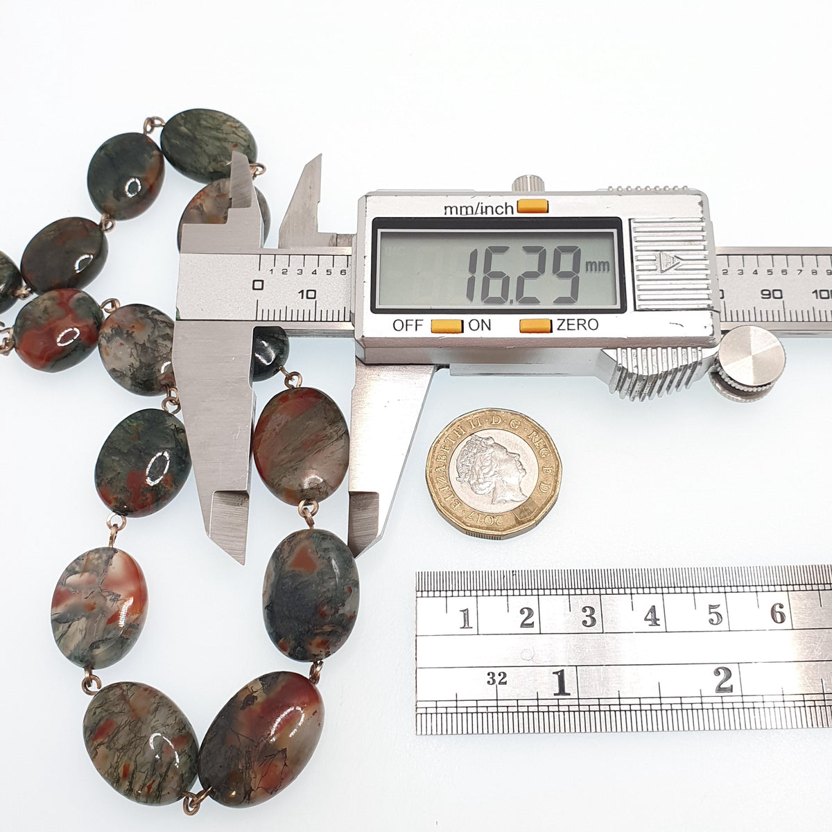Antique Moss Agate Bead Necklace Rolled Gold Filled Natural Veined Quartz Gemstone Chunky 41cm 16.1" 57.64g Vintage Womens Jewellery Jewelry