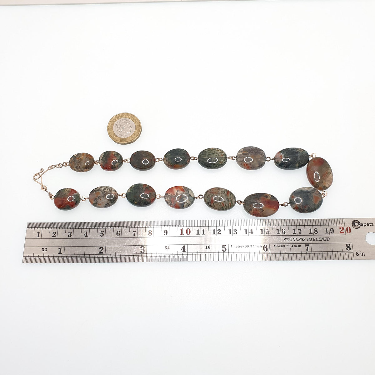Antique Moss Agate Bead Necklace Rolled Gold Filled Natural Veined Quartz Gemstone Chunky 41cm 16.1" 57.64g Vintage Womens Jewellery Jewelry