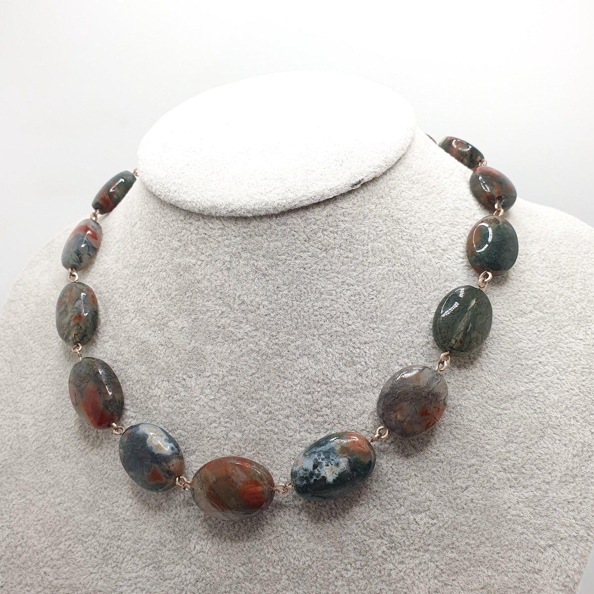 Antique Moss Agate Bead Necklace Rolled Gold Filled Natural Veined Quartz Gemstone Chunky 41cm 16.1" 57.64g Vintage Womens Jewellery Jewelry