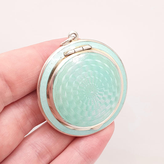 Antique Solid Silver Enamel Powder Compact Locket Pendant Champleve Green Gold Vermeil Large Big Vintage Vanity Womens Jewelry Jewellery