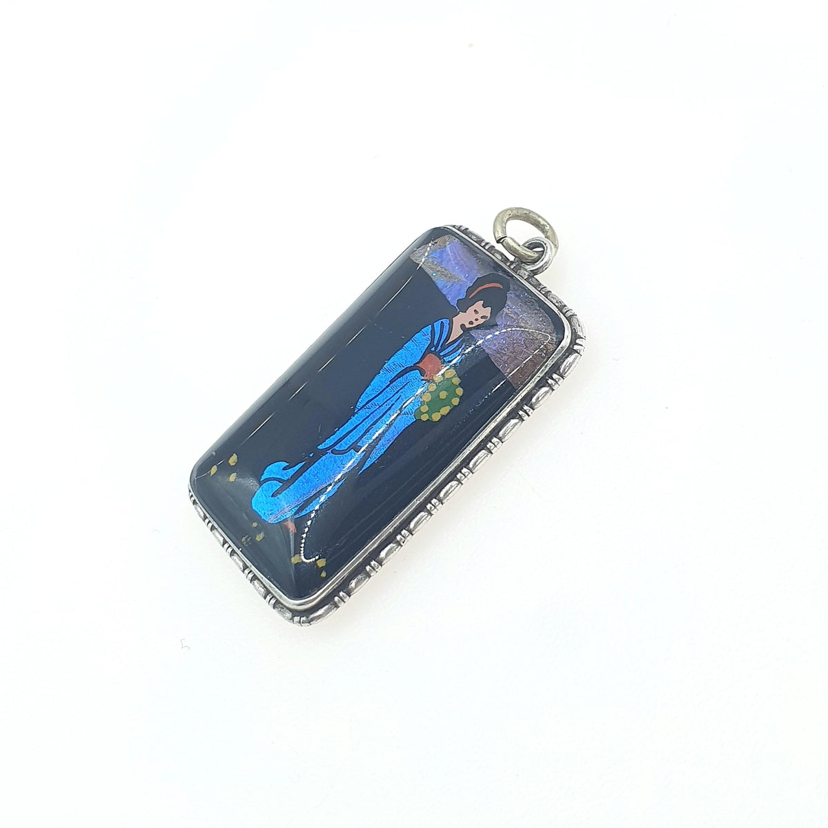Antique Sterling Silver Butterfly Wing Geisha Pendant Necklace Hand Painted Insect Bug Japanese Lady Womens Jewelry Jewellery