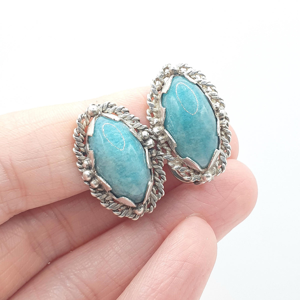 Vintage Solid Silver Amazonite Earrings Rope Border Navette Boast Shape Clip On Teal Gemstone Jewelry Retro Jewellery Womens