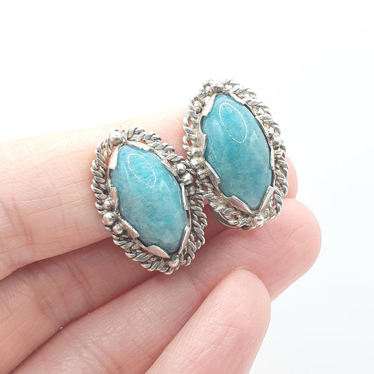 Vintage Solid Silver Amazonite Earrings Rope Border Navette Boast Shape Clip On Teal Gemstone Jewelry Retro Jewellery Womens