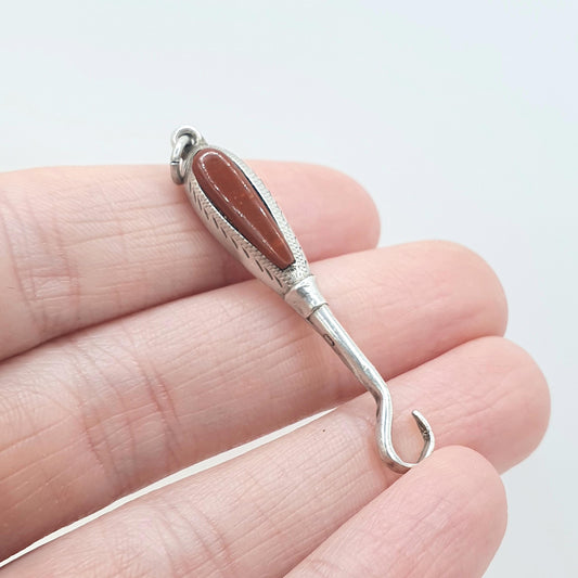 Antique Victorian Sterling Silver Button Hook Pendant 1894 Hallmark Scottish Red Jasper Gemstone Necklace Vintage Womens Jewllery Jewelry