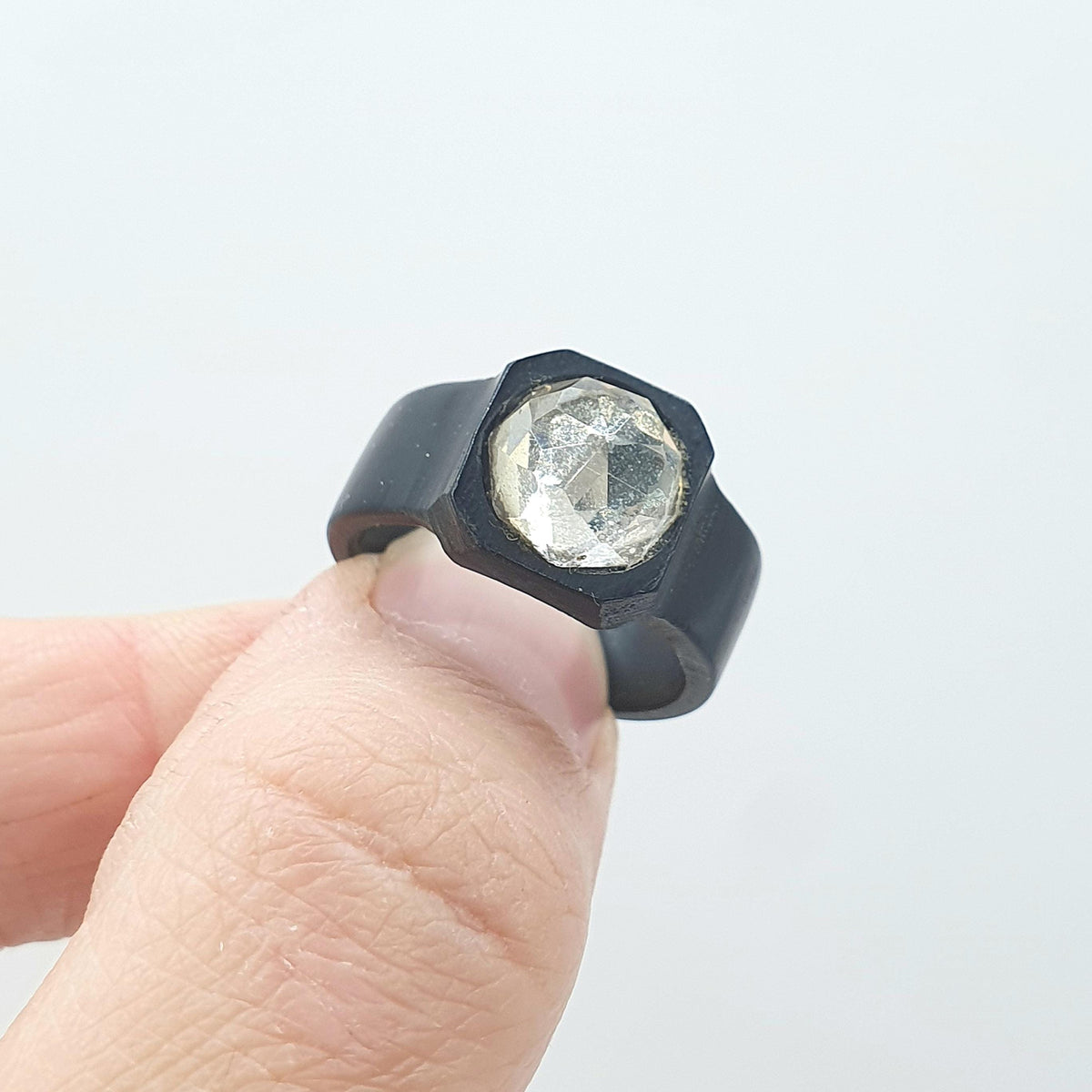 Antique Victorian Vulcanite Diamond Paste Ring Faceted Dome Glass Whitby Jet Imitation UK O US 7.25 Mens Jewellery Unisex Womens