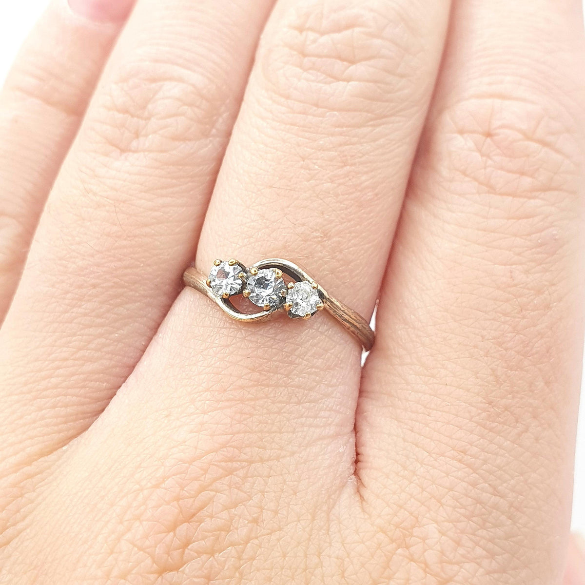 Antique Rolled Gold Diamond Paste Trilogy Ring Triple or Three Stone Victorian Foiled Glass Gold Filled Vintage Womens Jewelry Jewellery