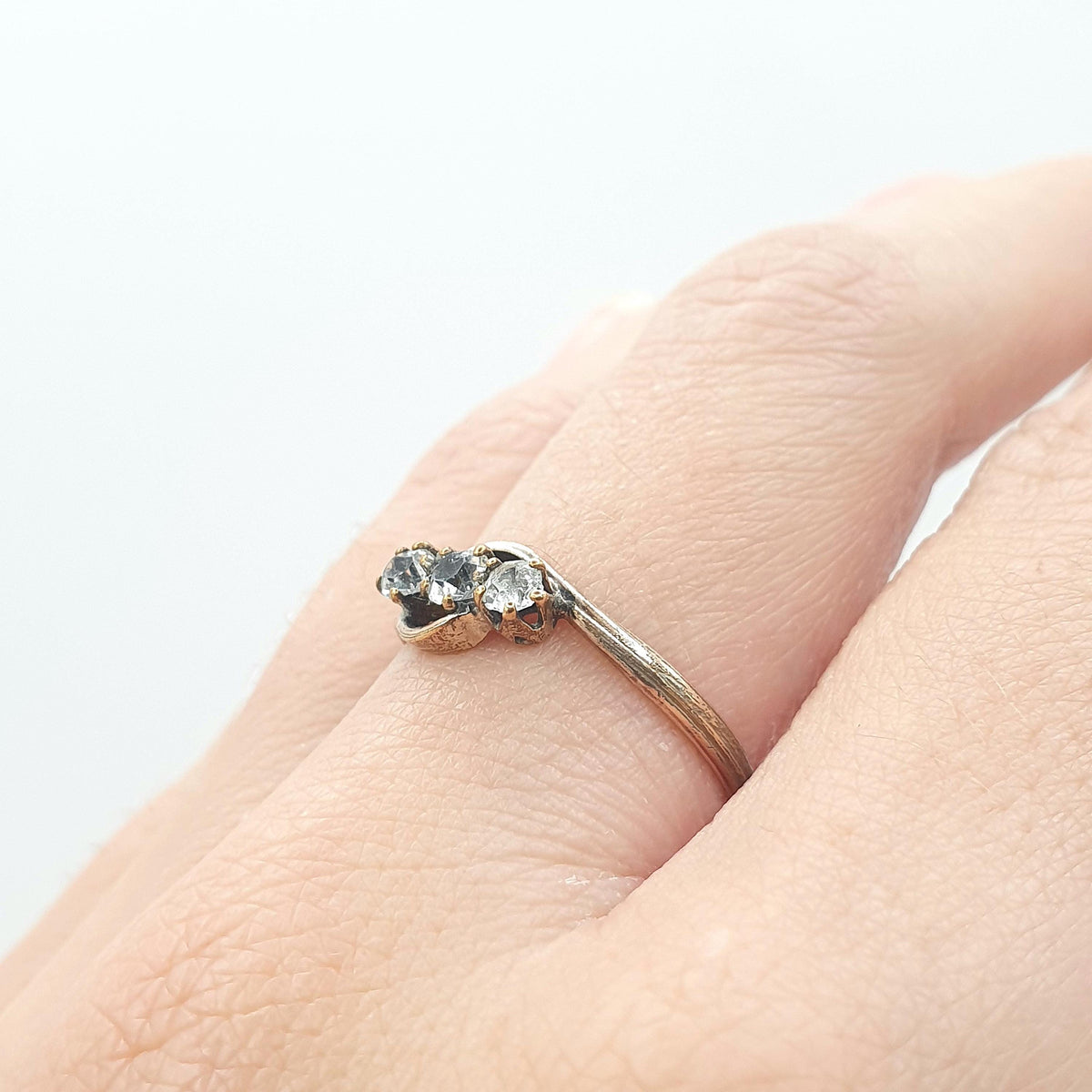 Antique Rolled Gold Diamond Paste Trilogy Ring Triple or Three Stone Victorian Foiled Glass Gold Filled Vintage Womens Jewelry Jewellery