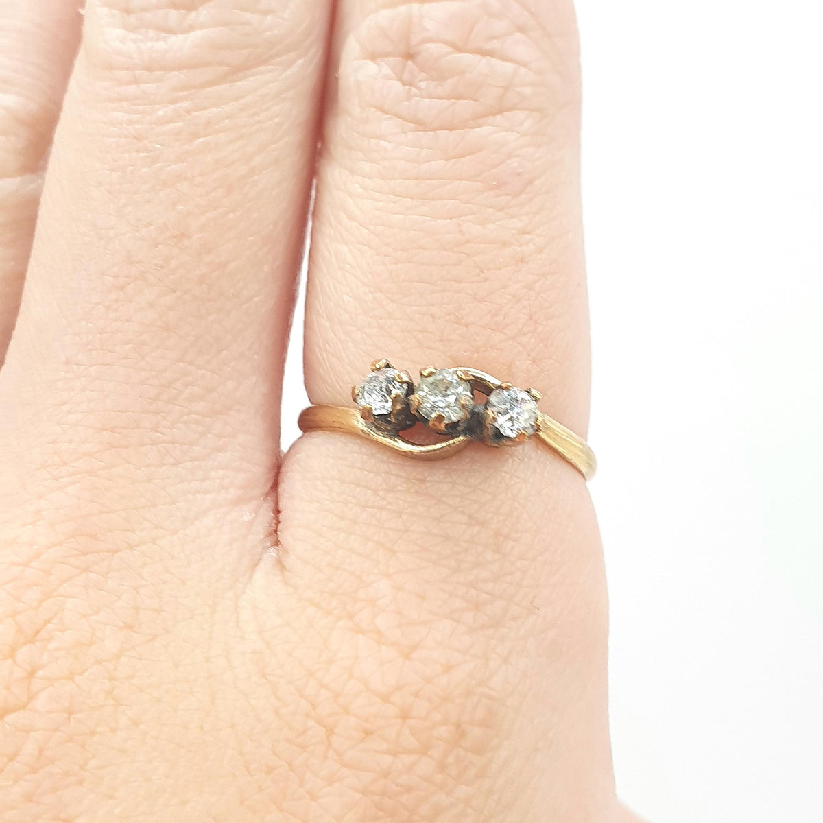 Antique Rolled Gold Diamond Paste Trilogy Ring Triple or Three Stone Victorian Gold Filled UK Q.5 US 8.5 Vintage Womens Jewelry Jewellery
