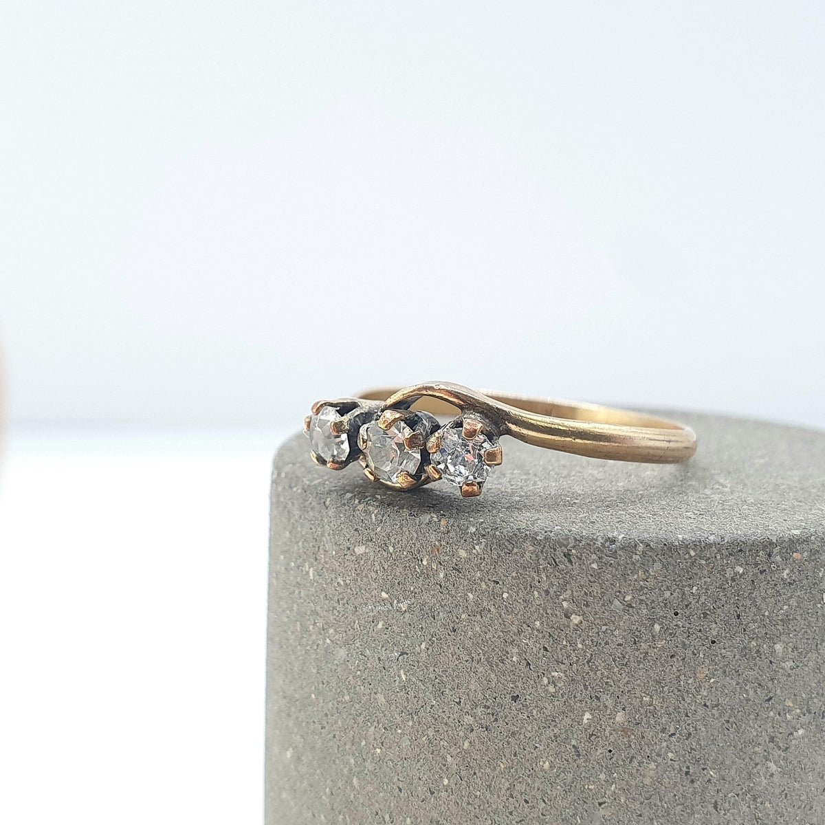 Antique Rolled Gold Diamond Paste Trilogy Ring Triple or Three Stone Victorian Gold Filled UK Q.5 US 8.5 Vintage Womens Jewelry Jewellery