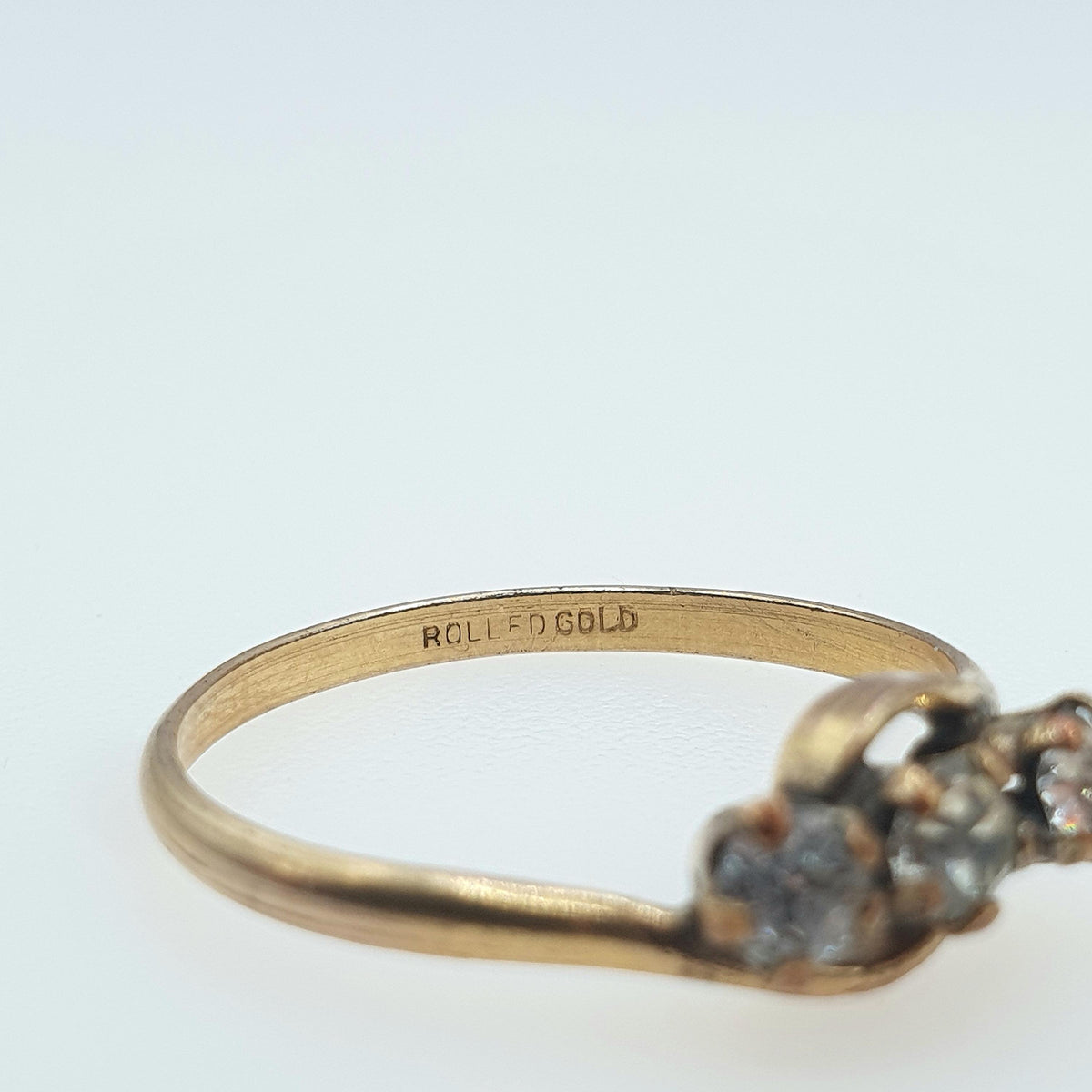 Antique Rolled Gold Diamond Paste Trilogy Ring Triple or Three Stone Victorian Gold Filled UK Q.5 US 8.5 Vintage Womens Jewelry Jewellery