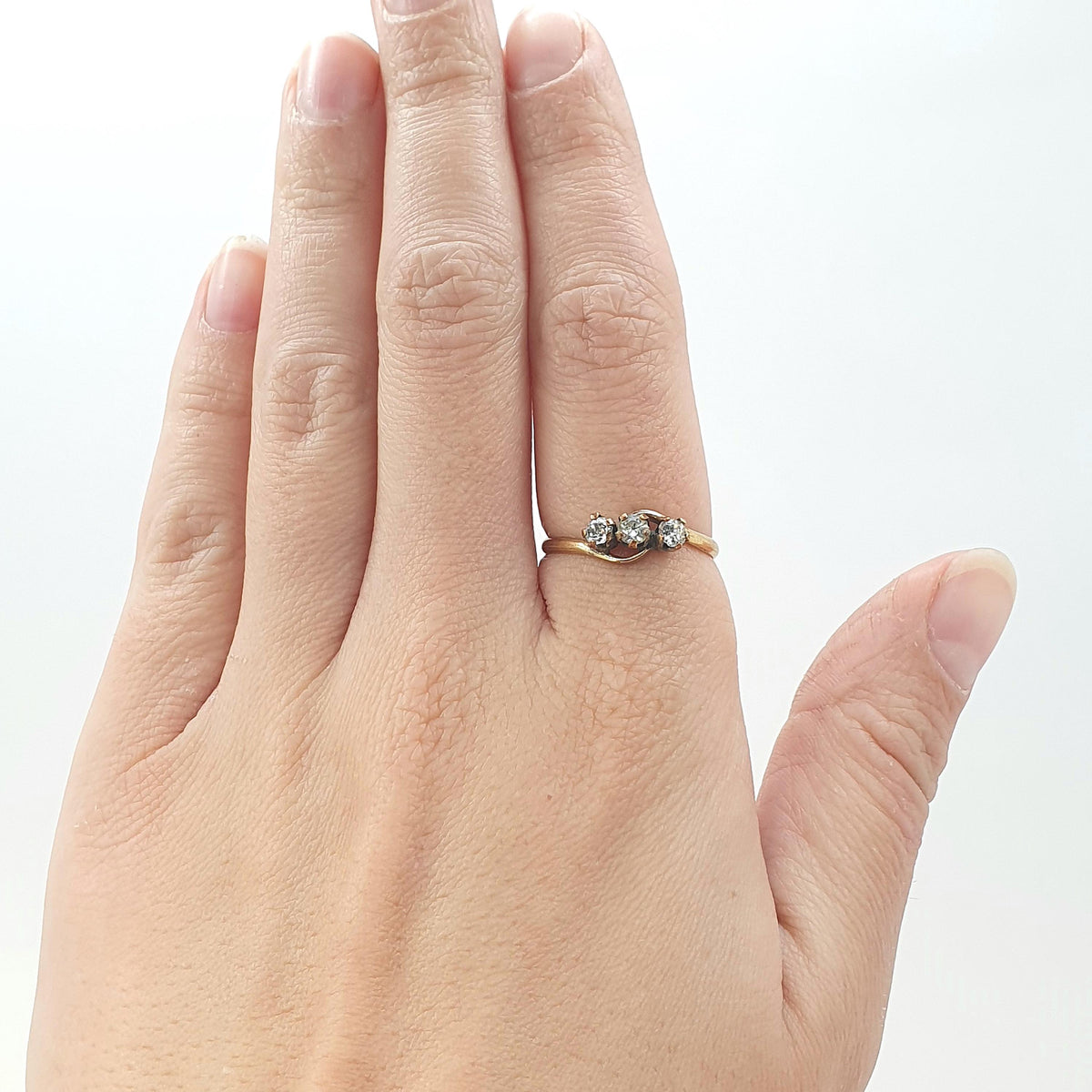 Antique Rolled Gold Diamond Paste Trilogy Ring Triple or Three Stone Victorian Gold Filled UK Q.5 US 8.5 Vintage Womens Jewelry Jewellery