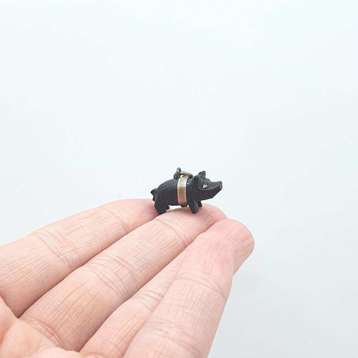 Antique Victorian Bog Oak Lucky Pig Charm Pendant Irish Hand Carved Black Good Luck Base Metal Animal Vintage Jewelry Jewellery