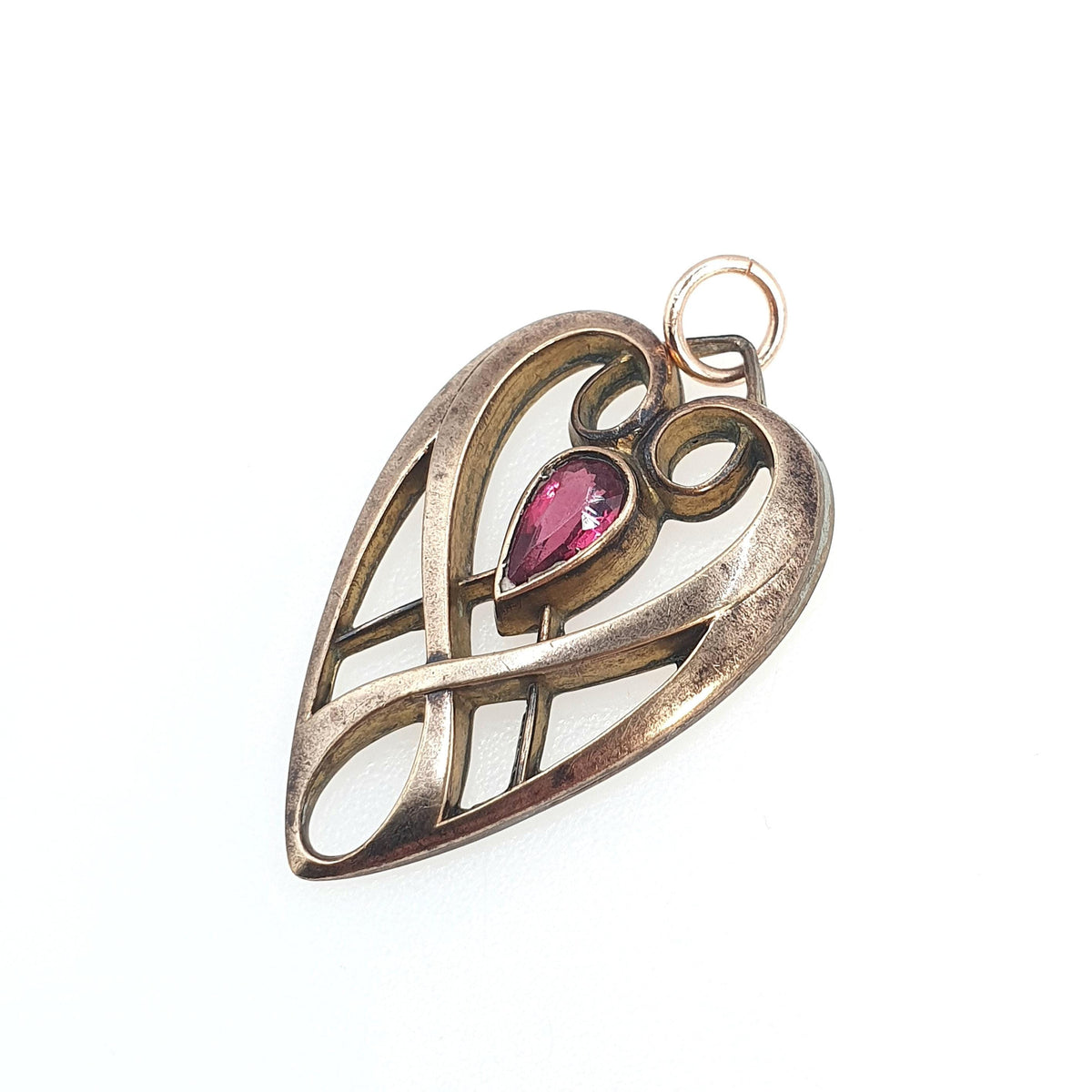 Antique Edwardian Rose Gold Gilt Garnet Paste Pendant Heart Shape Necklace Art Nouveau Vintage Jewellery Jewelry Womens