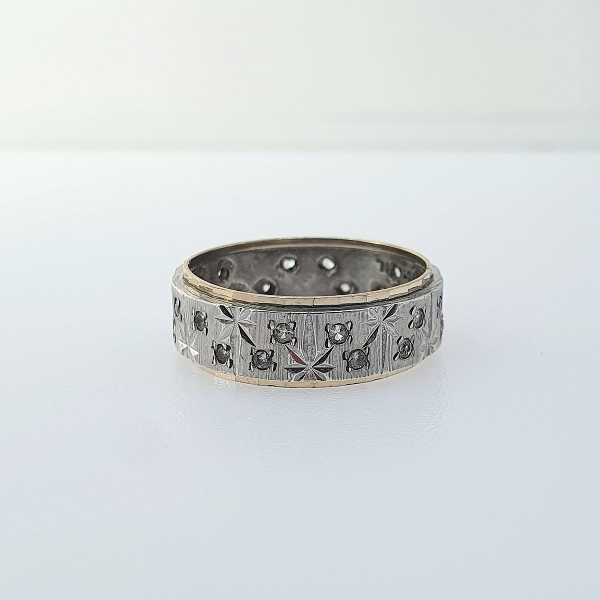 Antique 9ct Gold & Solid Silver Eternity Ring Star Pattern White Spinel Gemstones Gift Promise UK M.5 US 6.5 Womens Jewelry Jewellery