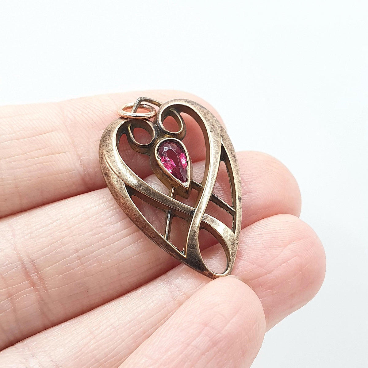 Antique Edwardian Rose Gold Gilt Garnet Paste Pendant Heart Shape Necklace Art Nouveau Vintage Jewellery Jewelry Womens