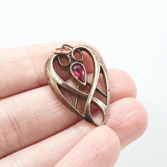 Antique Edwardian Rose Gold Gilt Garnet Paste Pendant Heart Shape Necklace Art Nouveau Vintage Jewellery Jewelry Womens