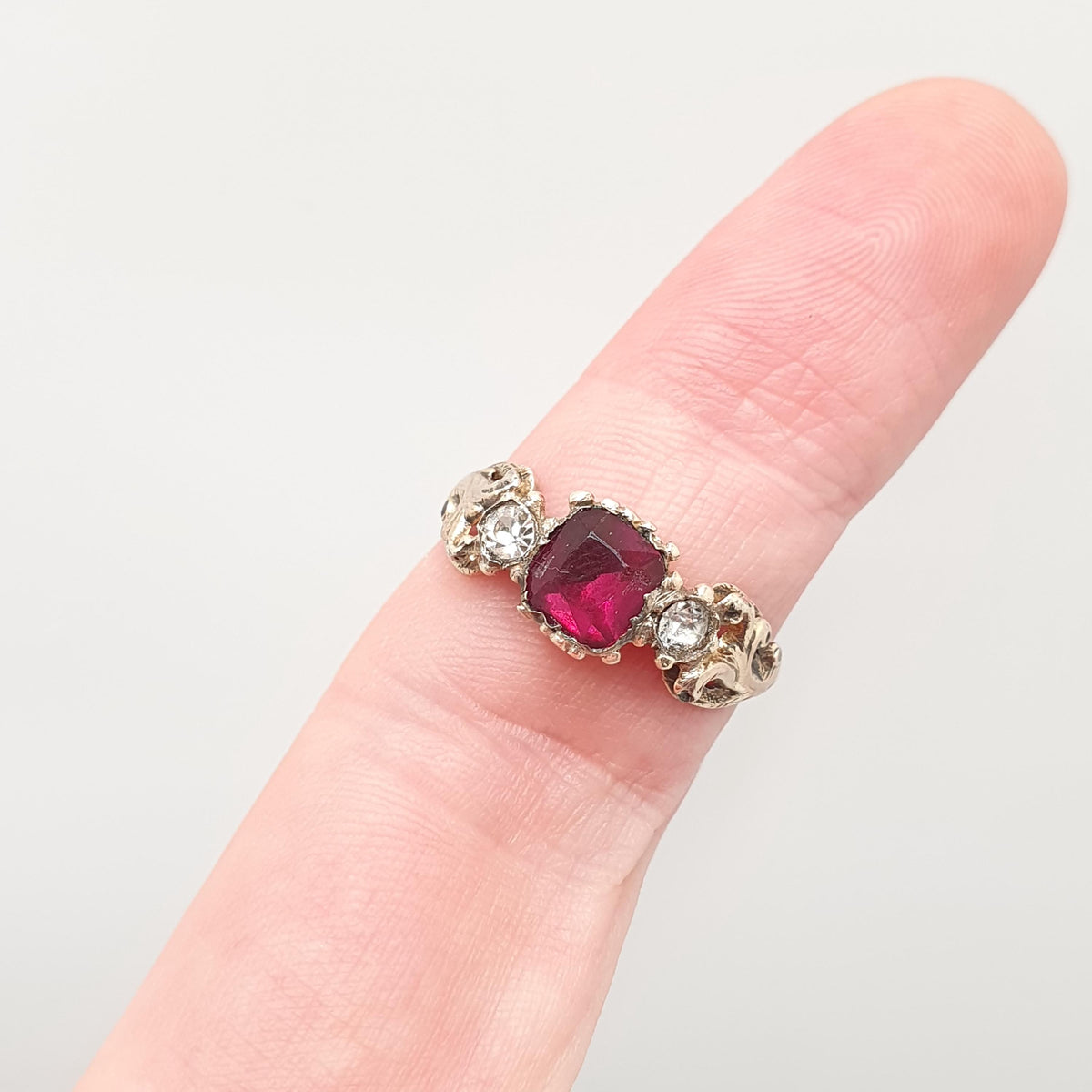 Antique Georgian 9ct Gold Ruby & Diamond Paste Ring Square Cut Foiled Glass Solid 9kt 9k Renaissance Revival Vintage Jewelry Jewellery