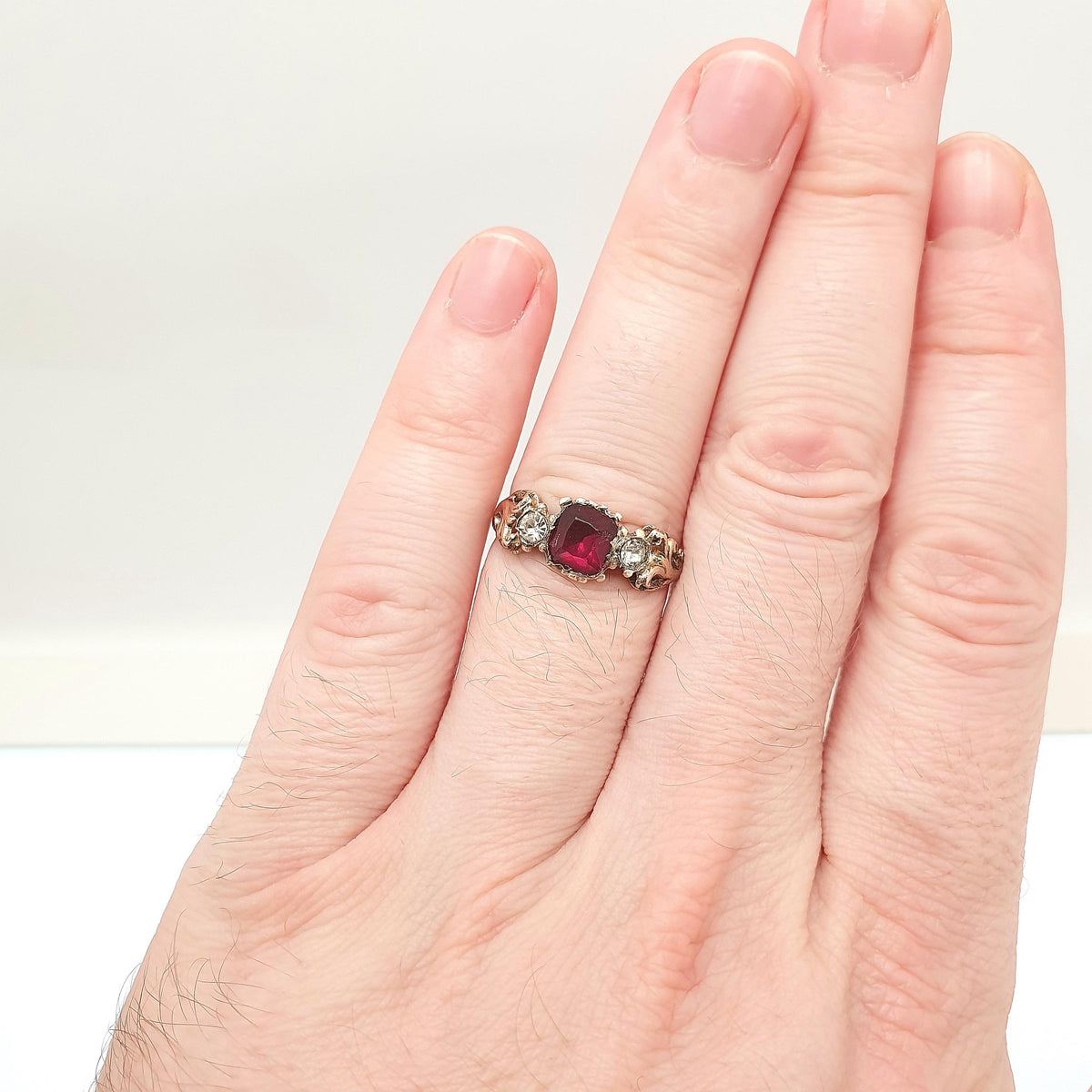 Antique Georgian 9ct Gold Ruby & Diamond Paste Ring Square Cut Foiled Glass Solid 9kt 9k Renaissance Revival Vintage Jewelry Jewellery