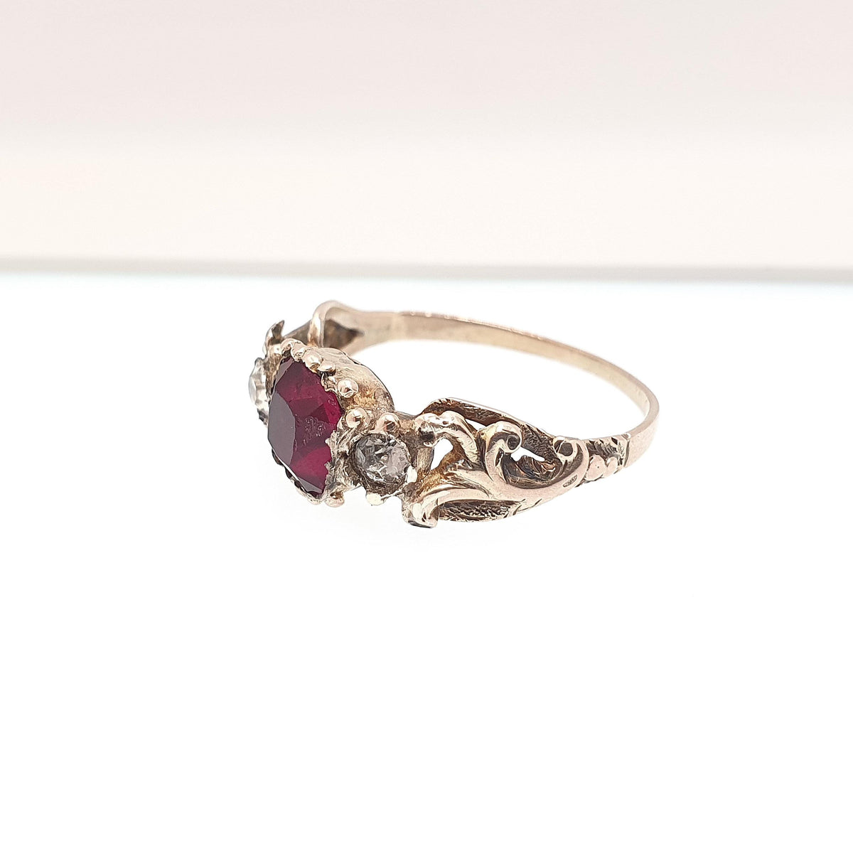 Antique Georgian 9ct Gold Ruby & Diamond Paste Ring Square Cut Foiled Glass Solid 9kt 9k Renaissance Revival Vintage Jewelry Jewellery