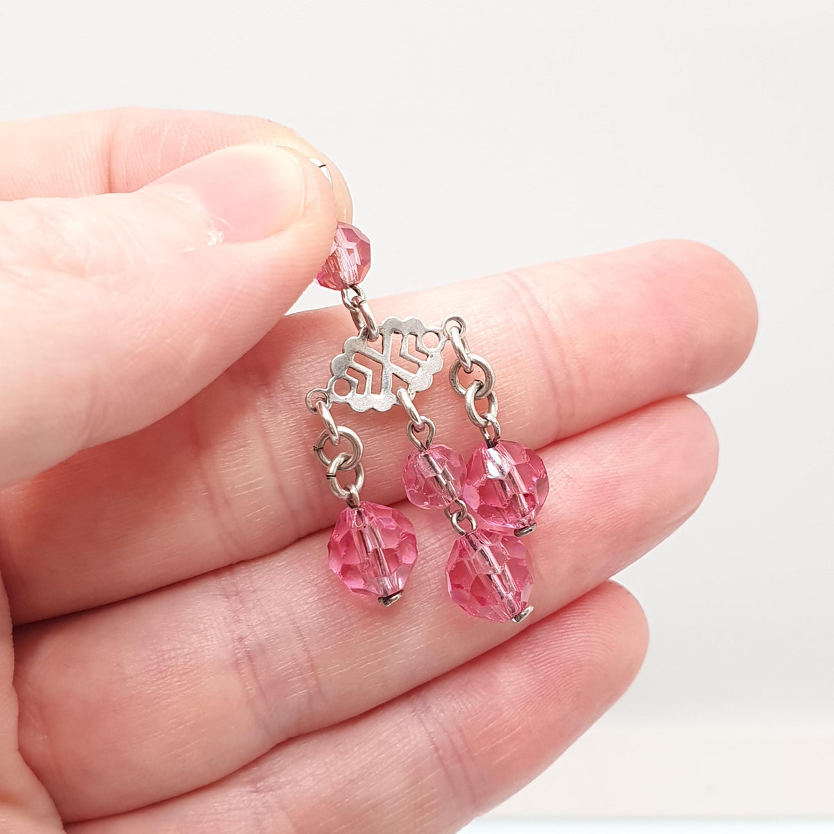 Antique Solid Silver Pink Paste Tassel Pendant Art Deco Faceted Crystal Bead Hanging Ball 1920s Flapper Womens Vintage Jewelry Jewellery