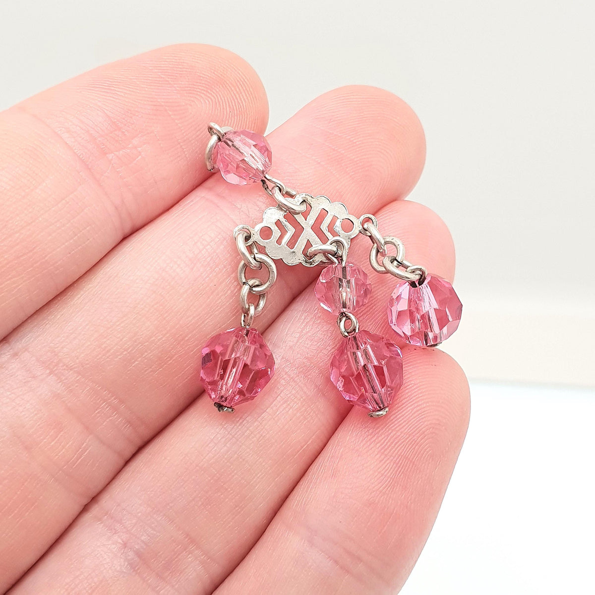 Antique Solid Silver Pink Paste Tassel Pendant Art Deco Faceted Crystal Bead Hanging Ball 1920s Flapper Womens Vintage Jewelry Jewellery