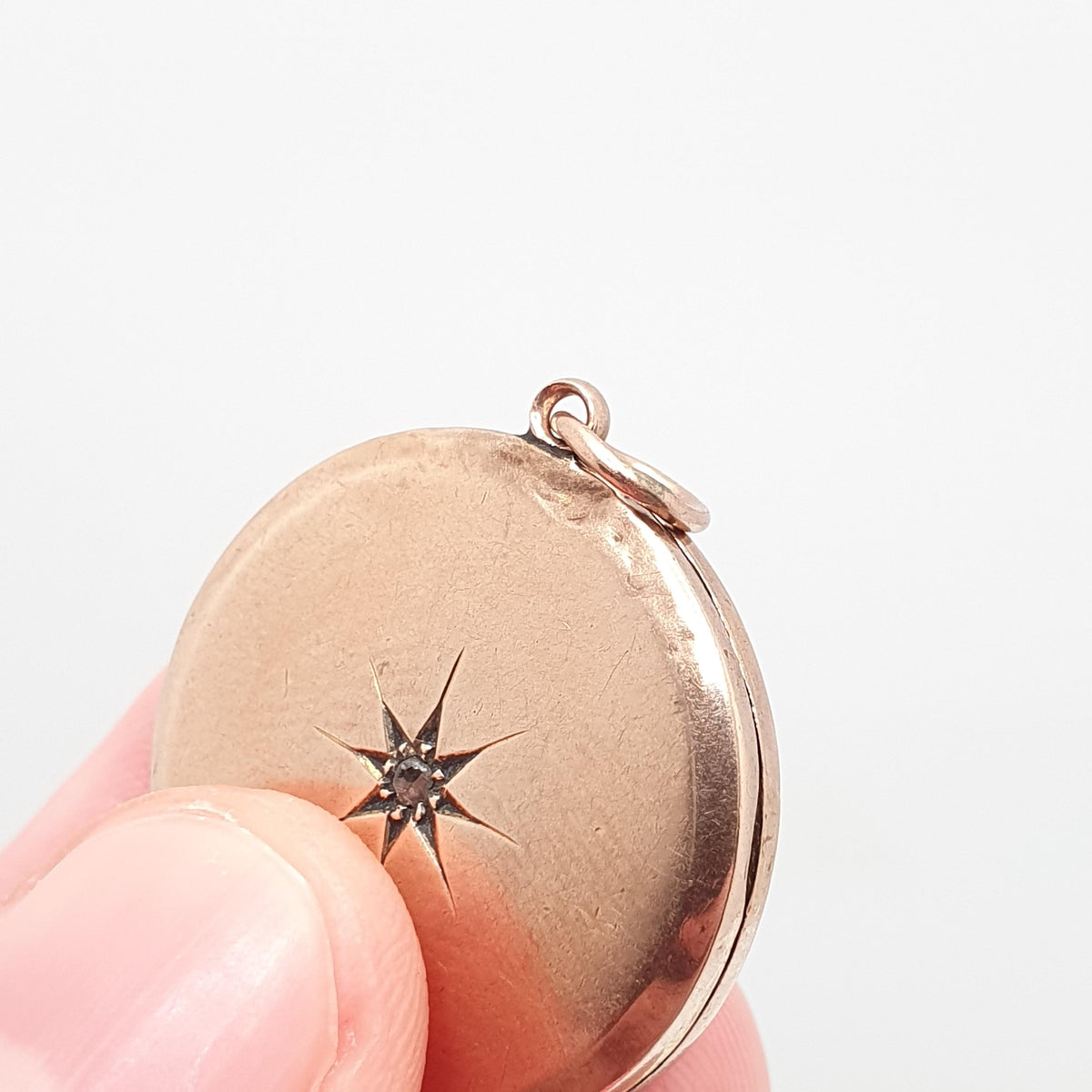 Antique 9ct Rose Gold Diamond Locket Pendant Solid 9k 9kt Back & Front Star Centre Genuine Gemstone Necklace Jewelry Jewellery