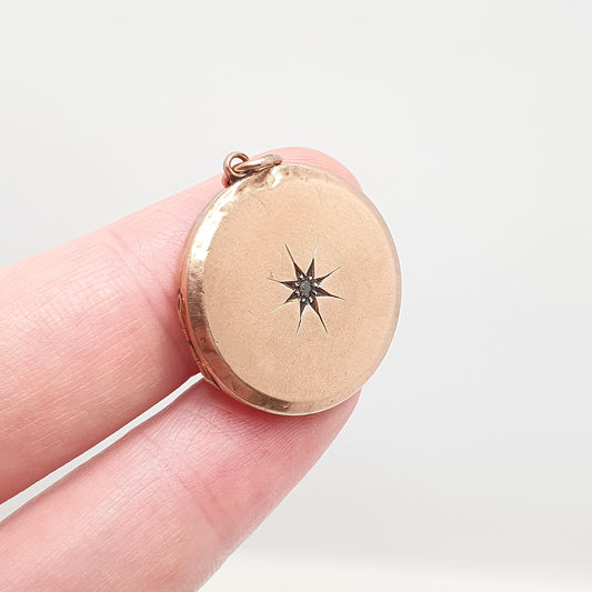 Antique 9ct Rose Gold Diamond Locket Pendant Solid 9k 9kt Back & Front Star Centre Genuine Gemstone Necklace Jewelry Jewellery