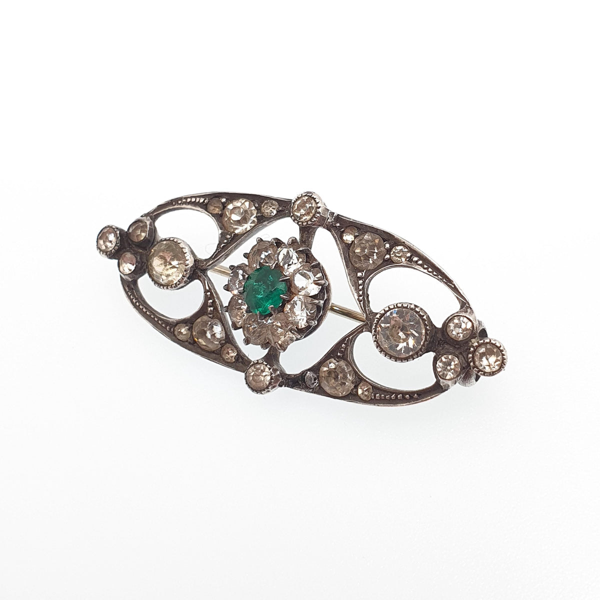 Antique Solid Silver Emerald Paste Brooch Victorian Diamond Pastes Vintage Cluster Handmade 1800s Vintage Womens Jewelry Jewellery