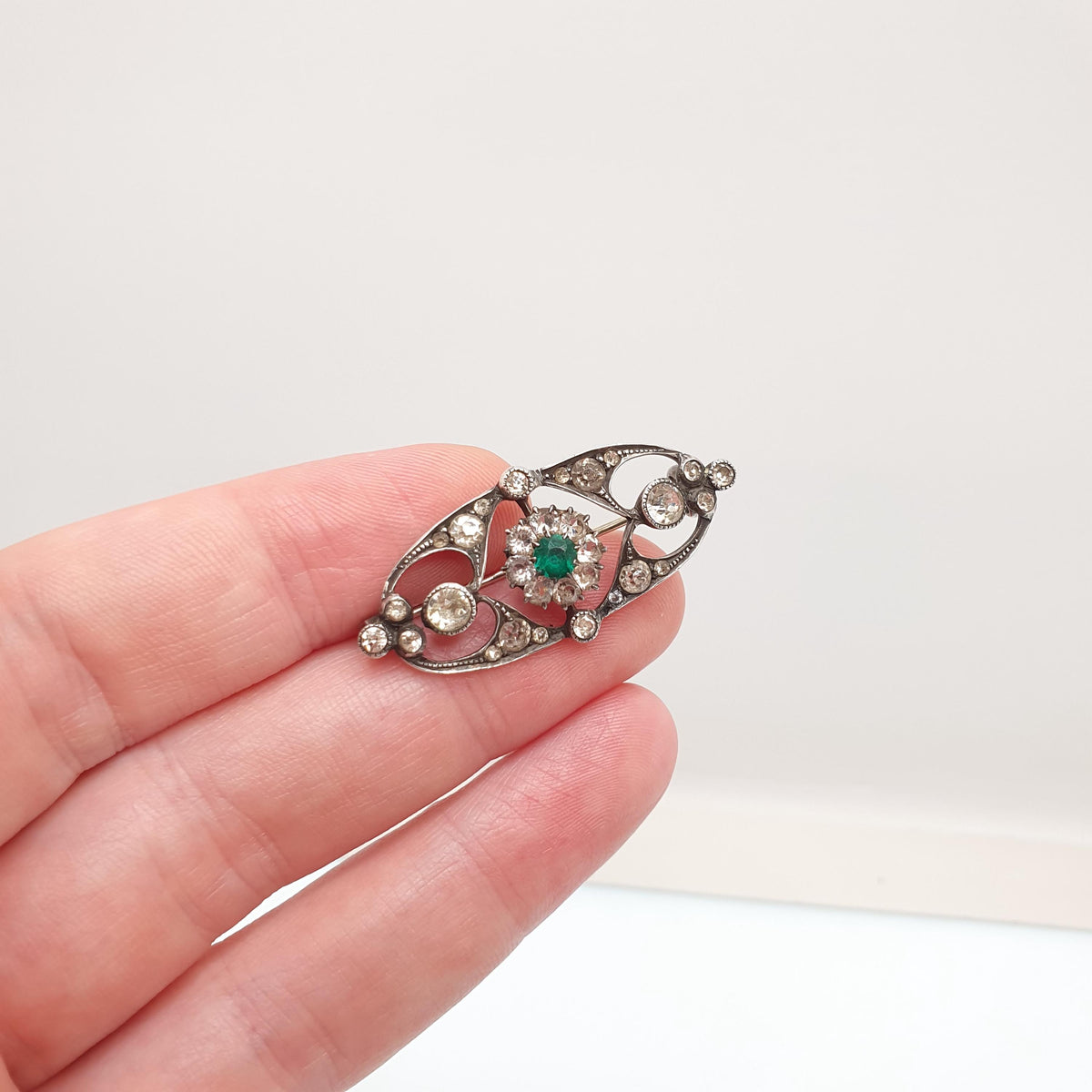 Antique Solid Silver Emerald Paste Brooch Victorian Diamond Pastes Vintage Cluster Handmade 1800s Vintage Womens Jewelry Jewellery