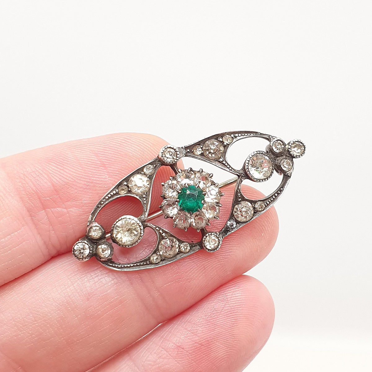 Antique Solid Silver Emerald Paste Brooch Victorian Diamond Pastes Vintage Cluster Handmade 1800s Vintage Womens Jewelry Jewellery