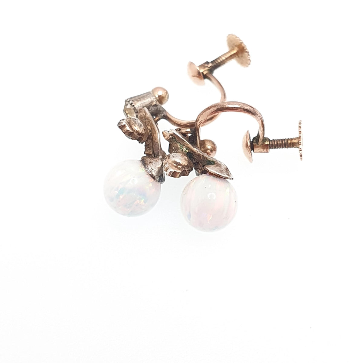 Antique 9ct Gold Opal & Diamond Paste Earrings Victorian Solid Silver White Opal Bead Solid 9k 9kt Screw Back Vintage Jewelry Jewellery