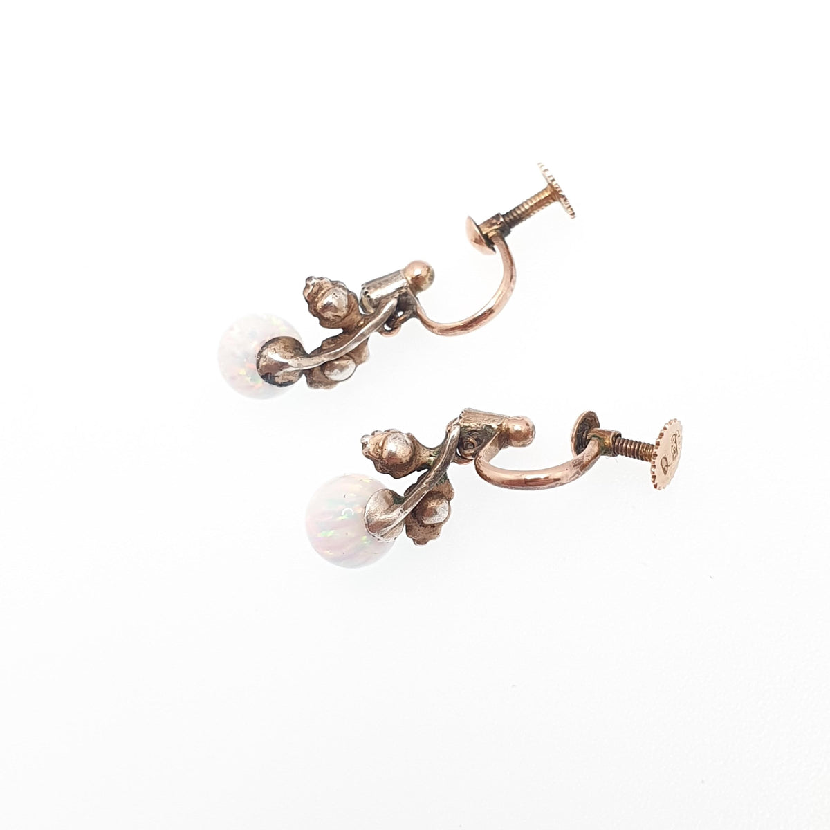 Antique 9ct Gold Opal & Diamond Paste Earrings Victorian Solid Silver White Opal Bead Solid 9k 9kt Screw Back Vintage Jewelry Jewellery