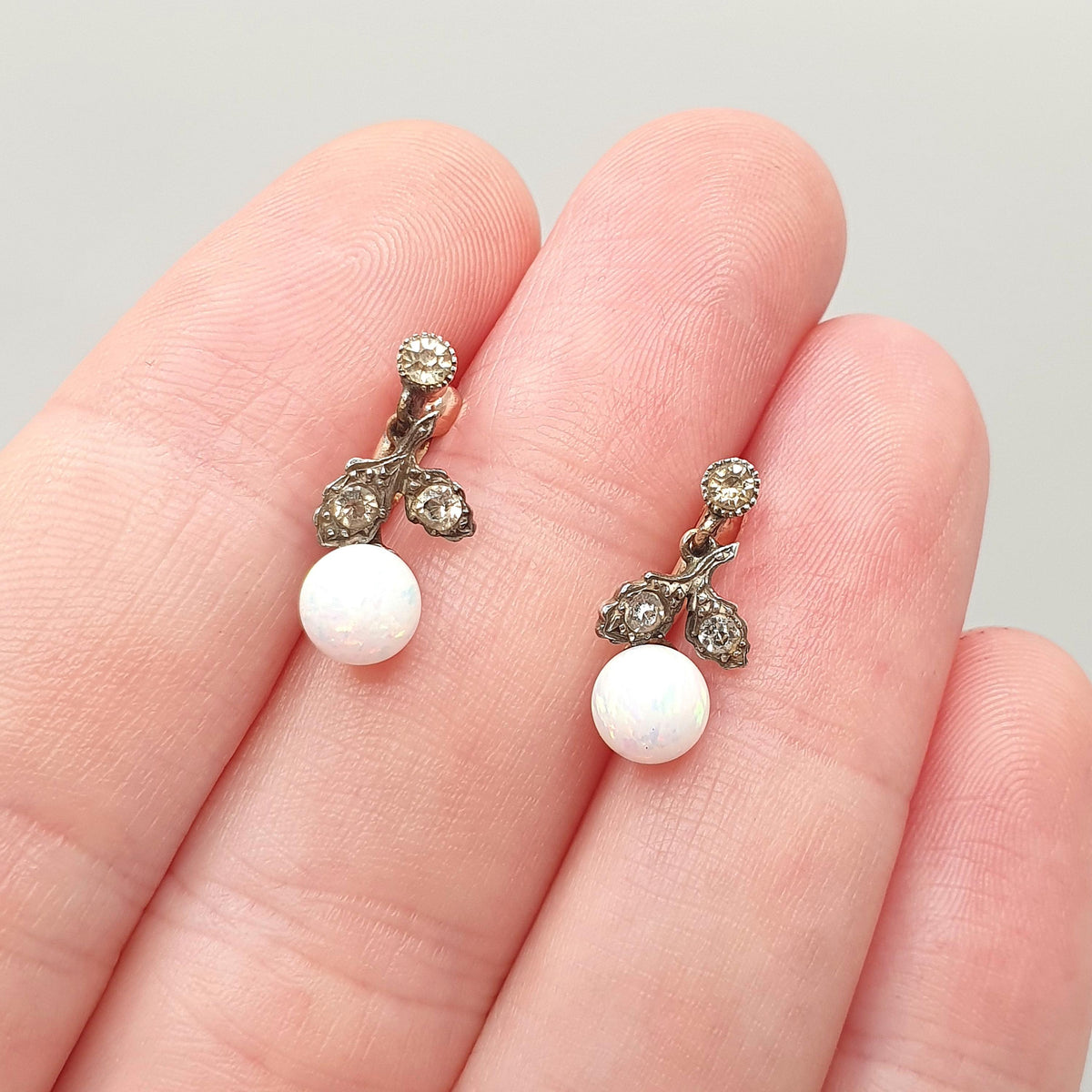 Antique 9ct Gold Opal & Diamond Paste Earrings Victorian Solid Silver White Opal Bead Solid 9k 9kt Screw Back Vintage Jewelry Jewellery