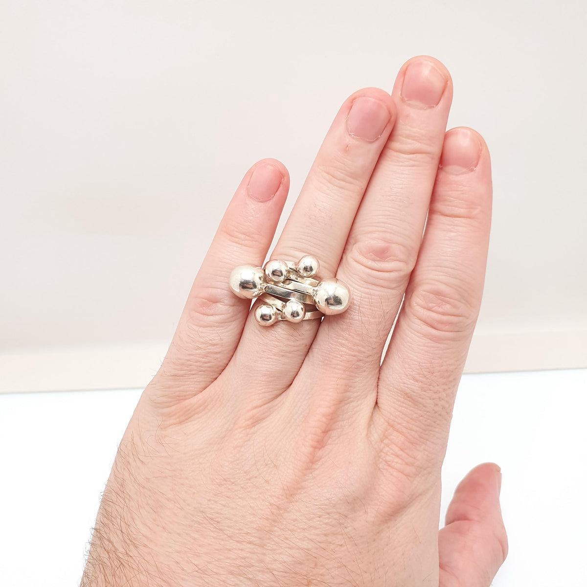Vintage Sterling Silver Modernist Ring Bead and Ball Abstract Solid 925 Heavy Chunky Large Big Contemporary Womens Jewelry Jewellery