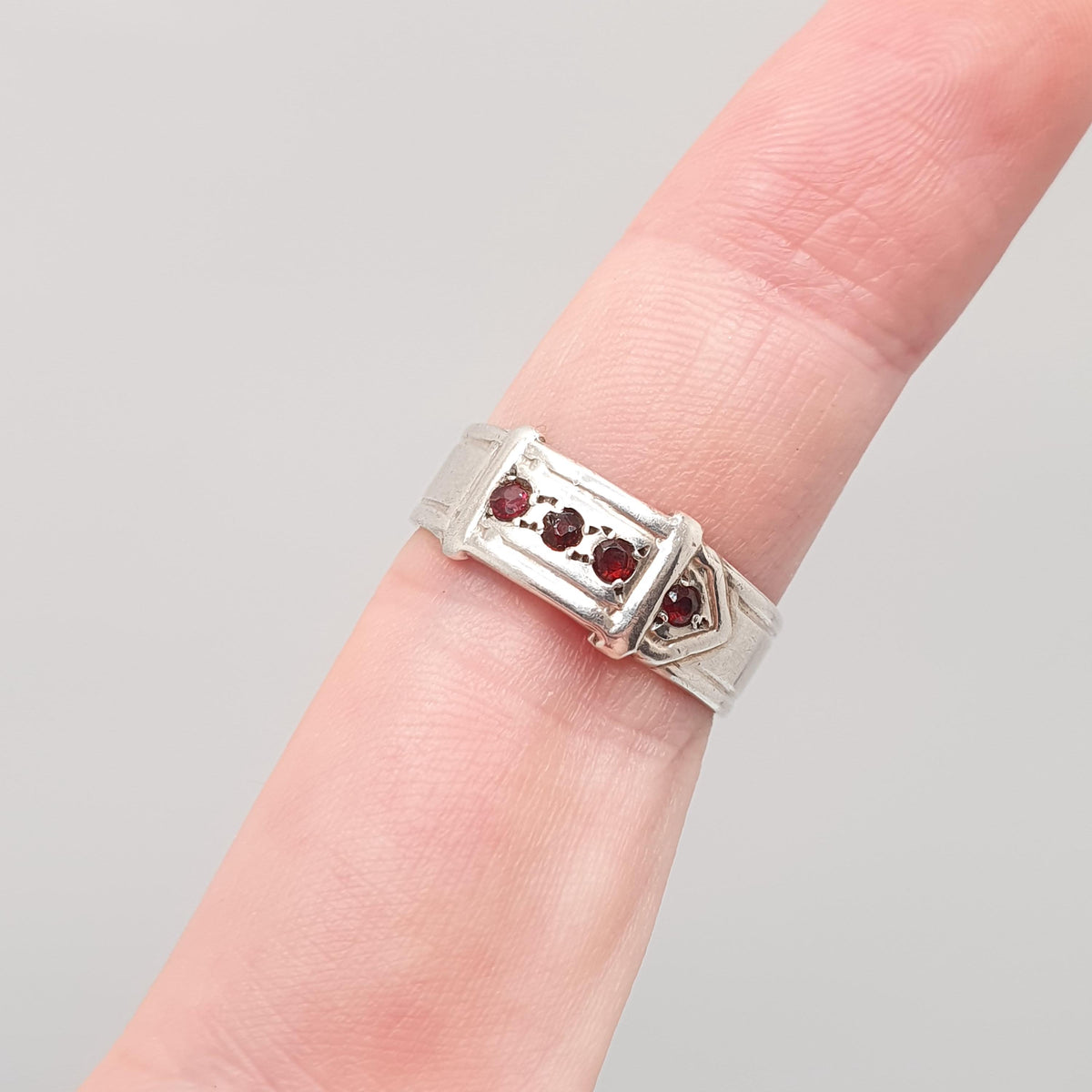 Antique Sterling Silver Garnet Buckle Ring Belt Band Art Deco 1920s Solid 925 Genuine Gemstone Vintage Jewelry Jewellery