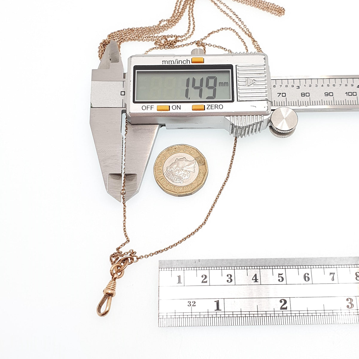 Antique Victorian Rose Rolled Gold Muff Chain Necklace Dog Clip Rolo Link Round 132cm 7.10g Long 1800s Guard Vintage Jewelry Jewellery
