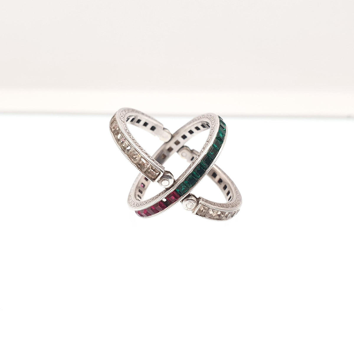 Antique Day & Night Ring Solid Silver Paste Art Deco Channel Set Blue Emerald Ruby and Diamond Pastes Hinged Folding Jewelry