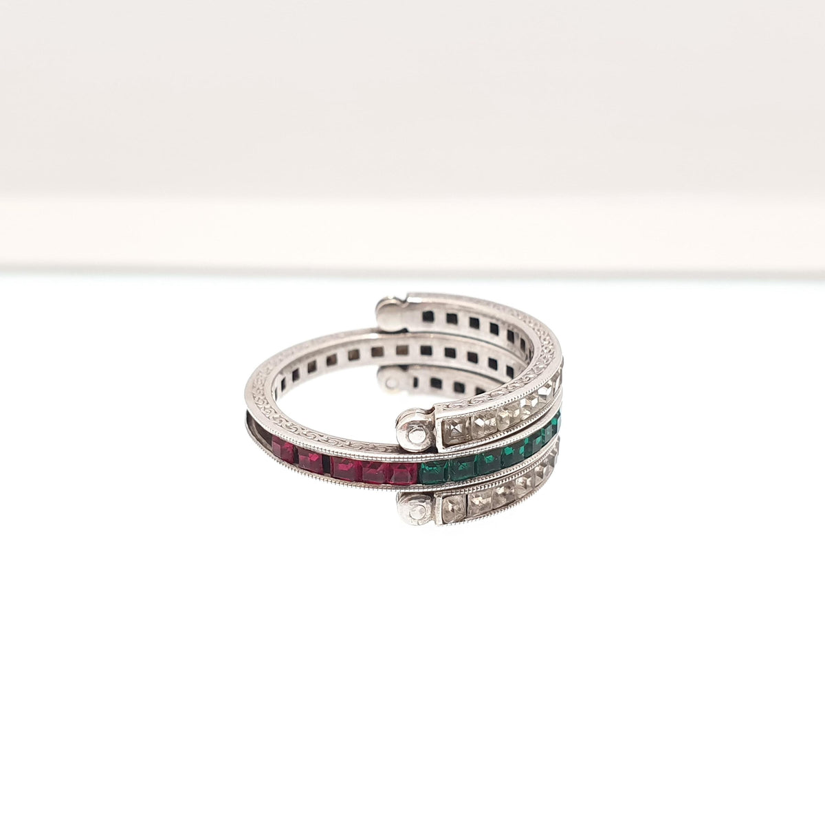 Antique Day & Night Ring Solid Silver Paste Art Deco Channel Set Blue Emerald Ruby and Diamond Pastes Hinged Folding Jewelry