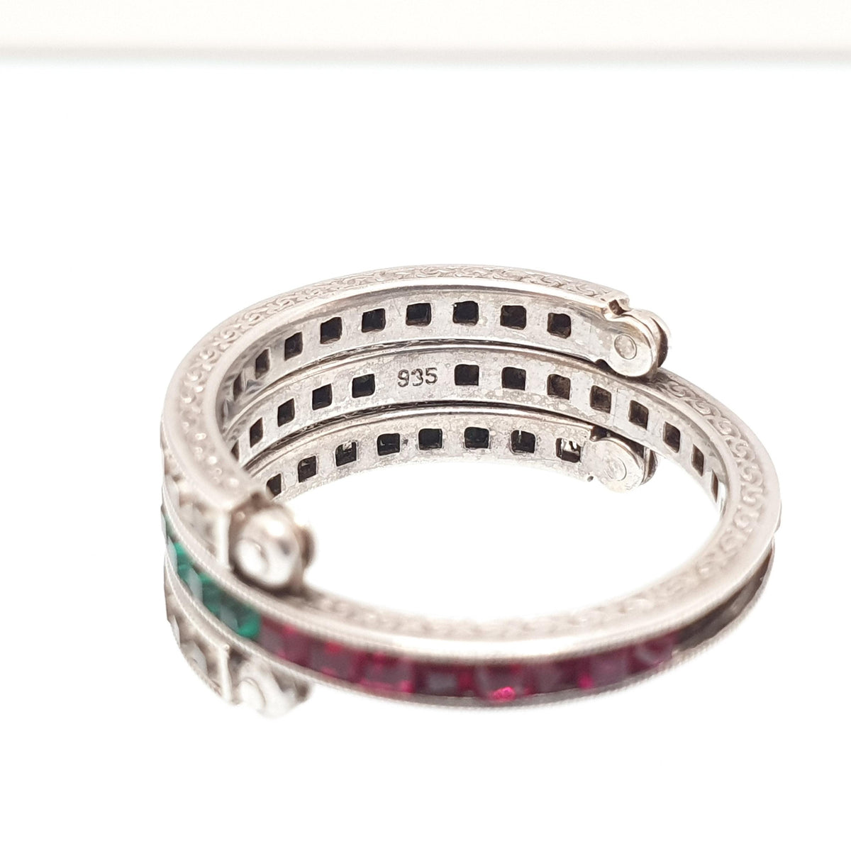 Antique Day & Night Ring Solid Silver Paste Art Deco Channel Set Blue Emerald Ruby and Diamond Pastes Hinged Folding Jewelry