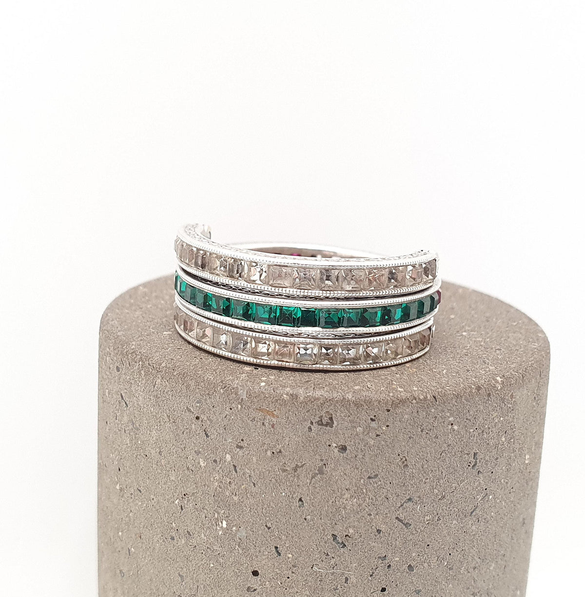 Antique Day & Night Ring Solid Silver Paste Art Deco Channel Set Blue Emerald Ruby and Diamond Pastes Hinged Folding Jewelry