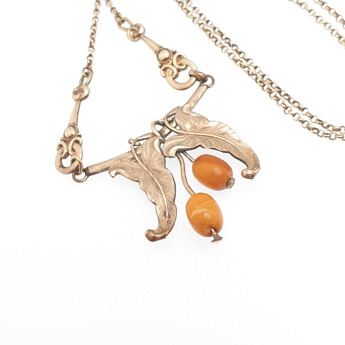 Antique Rolled Gold Art Nouveau Necklace Butterscotch Bead Leaf and Berry Chain Gold Filled Vintage Jewellery Jewelry 45cm 6.87g