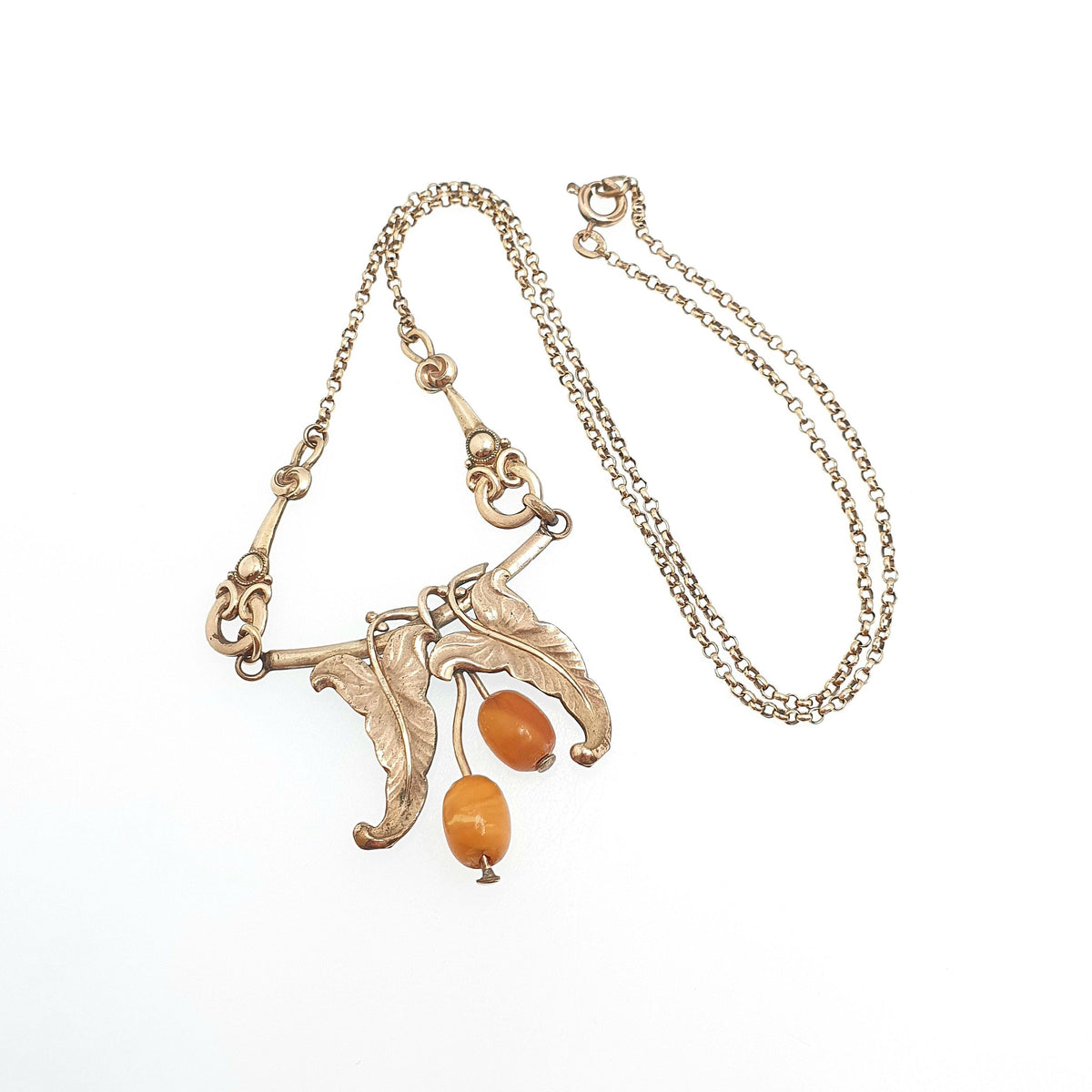 Antique Rolled Gold Art Nouveau Necklace Butterscotch Bead Leaf and Berry Chain Gold Filled Vintage Jewellery Jewelry 45cm 6.87g