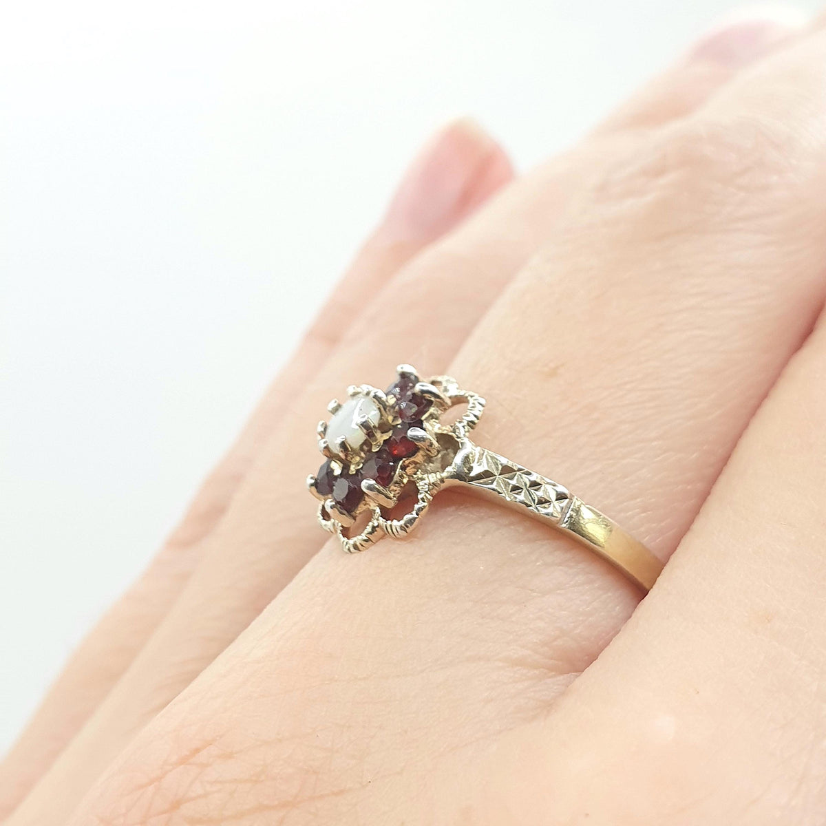 Vintage Gold on Sterling Silver Opal & Garnet Halo Ring Cluster Genuine Gemstone UK P US 7.5 Womens Girls Jewelry Jewellery